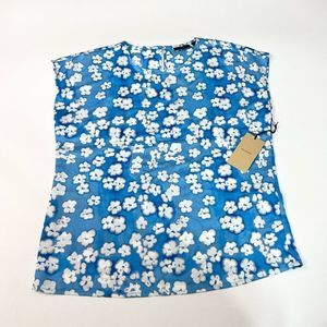 Halogen Shirt Womens Small Blouse Satin Short Sleeve Floral Ladies Blue